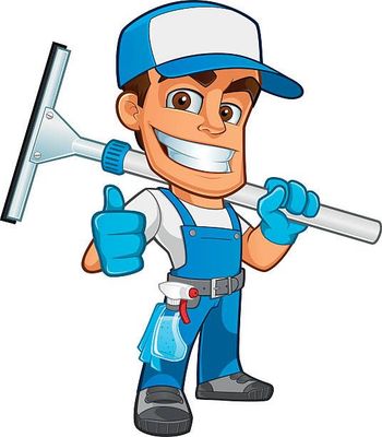 A cartoon man is holding a window squeegee and giving a thumbs up.