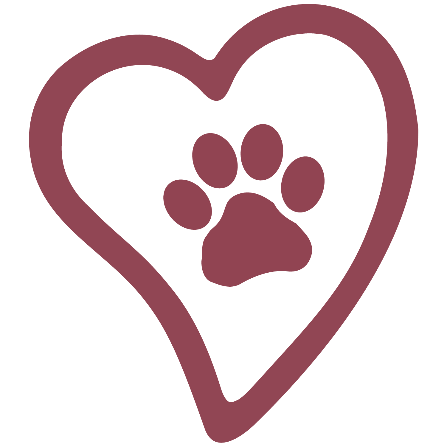 Maroon heart with a paw print in the center, representing love for animals.
