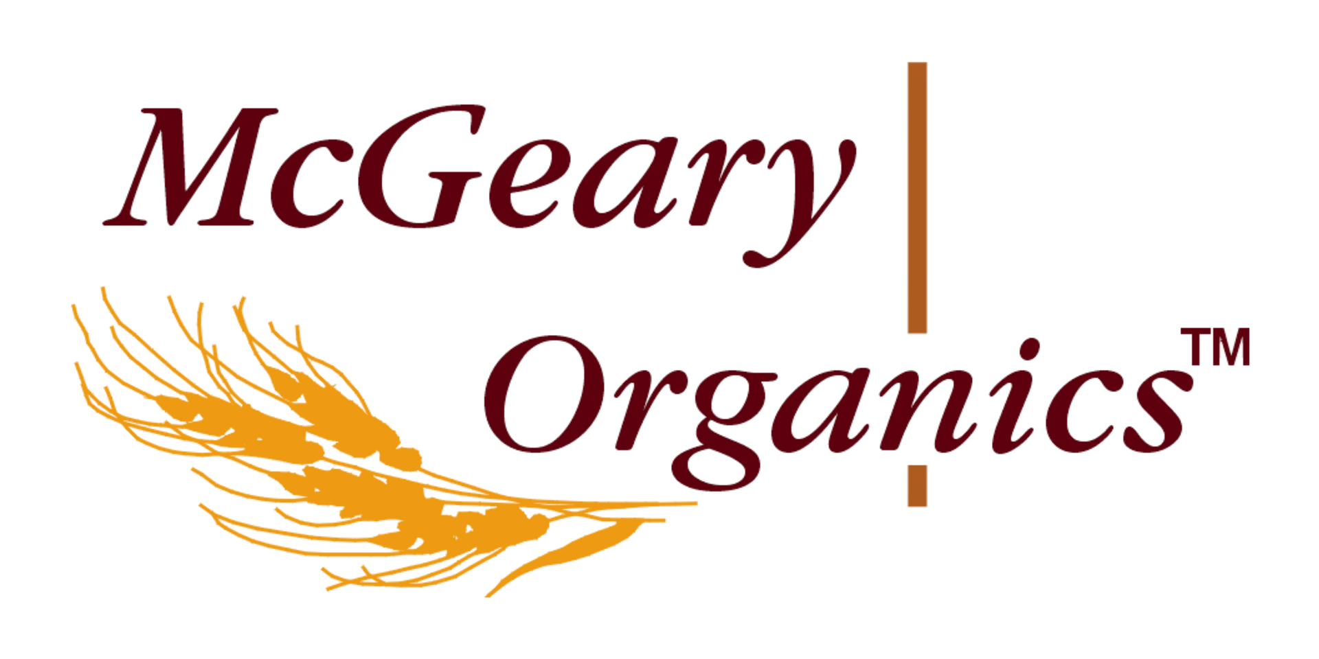 Logo for McGeary Organics: text in dark red with a wheat image and vertical lines, on white.