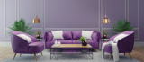 A living room with purple walls and purple furniture.