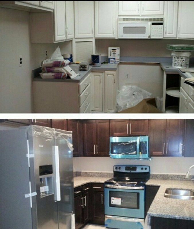 A before and after photo of a kitchen with stainless steel appliances