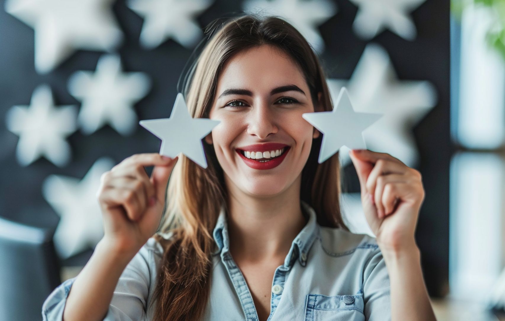 A young boy is holding a star in his hand and looking up at the sky.