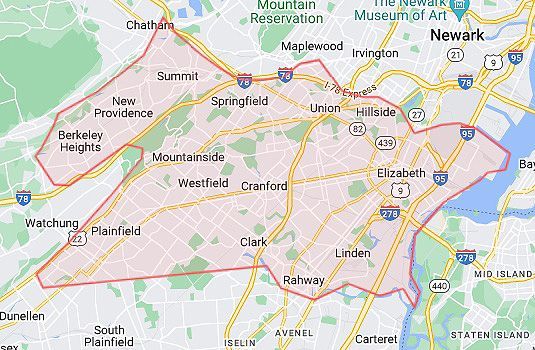 A map showing the boundaries of a city and surrounding areas.