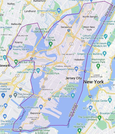 A map showing the boundaries of a city and surrounding areas.