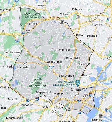 A map showing the boundaries of a city and surrounding areas.