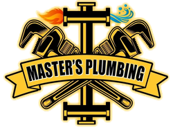 A logo for master 's plumbing with a cross and tools