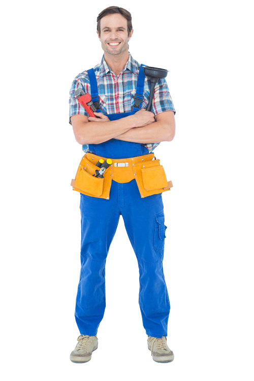 A Man In Blue Overalls Has A Tool Belt Around His Waist - Fort Worth, TX - Andress Plumbing