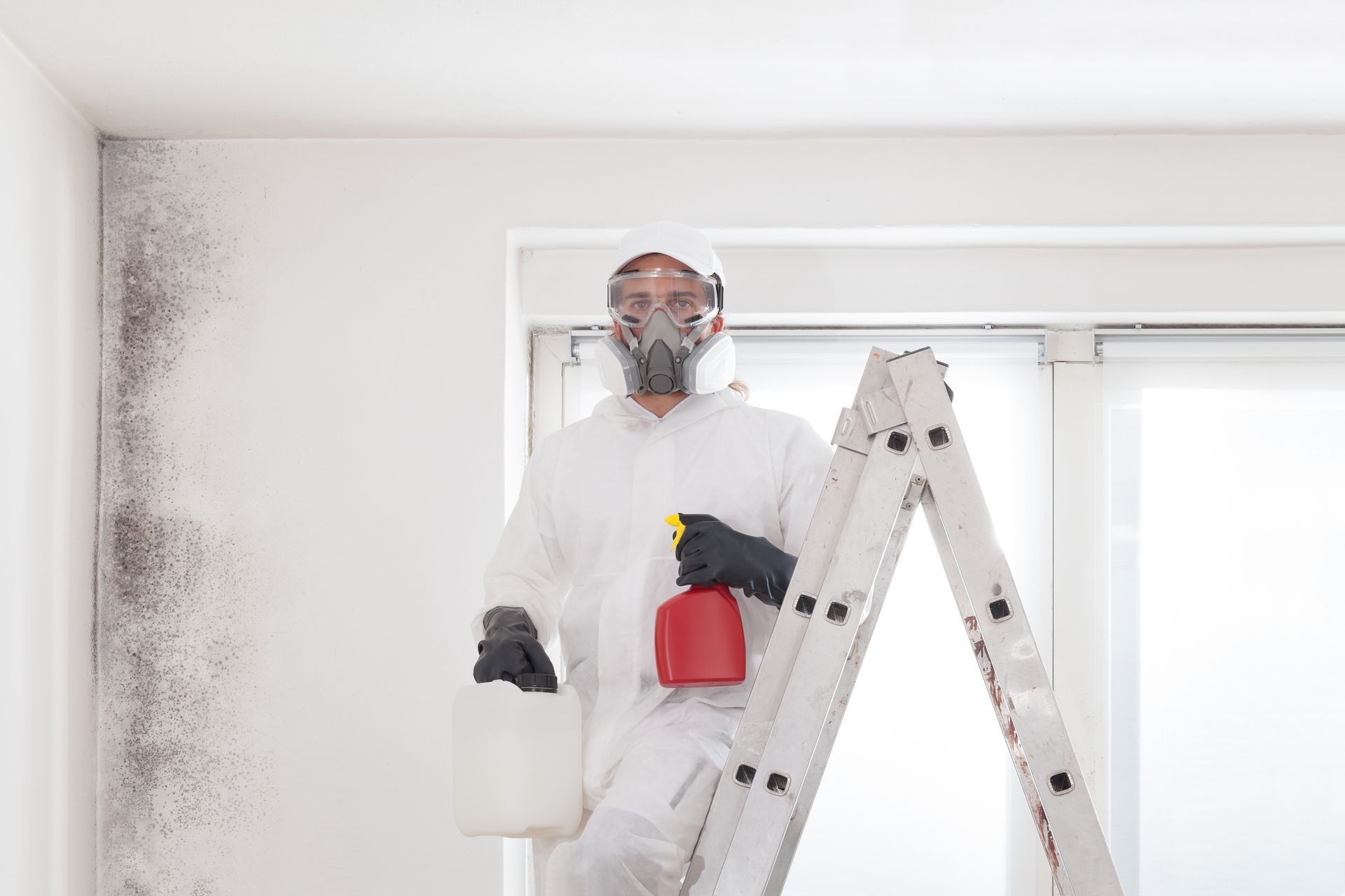 Person in protective suit sprays mold on wall, standing on a ladder.