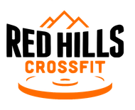 A logo for Red Hills CrossFit featuring black text, an orange mountain icon, and an orange weight plate graphic.