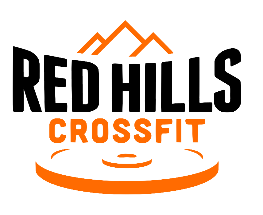 A logo for Red Hills CrossFit featuring black text, an orange mountain icon, and an orange weight plate graphic.