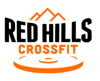 A logo for Red Hills CrossFit featuring black text, an orange mountain icon, and an orange weight plate graphic.