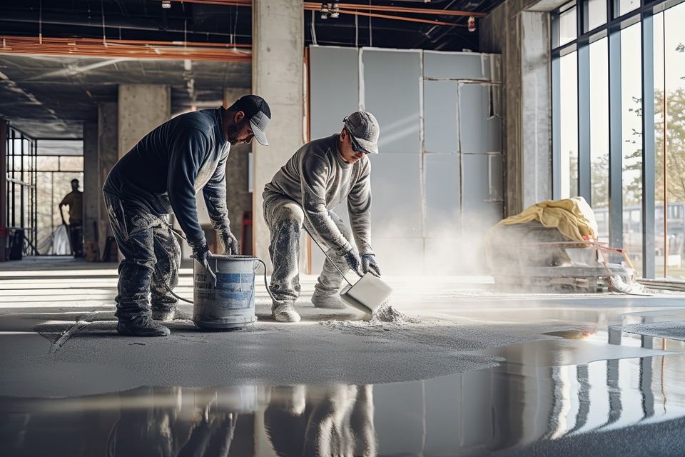 An image of concrete contractors installing concrete in a commercial building.