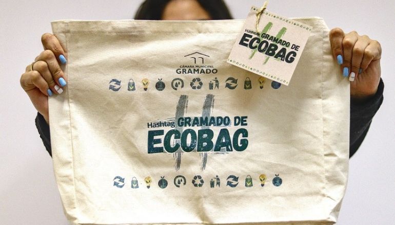Uma mulher está segurando uma ecobag branca nas mãos.