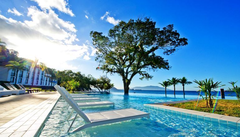 Uma piscina com uma árvore no meio