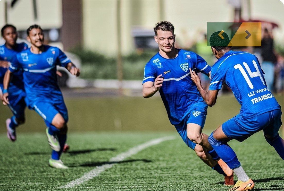 Um grupo de homens está jogando futebol em um campo.