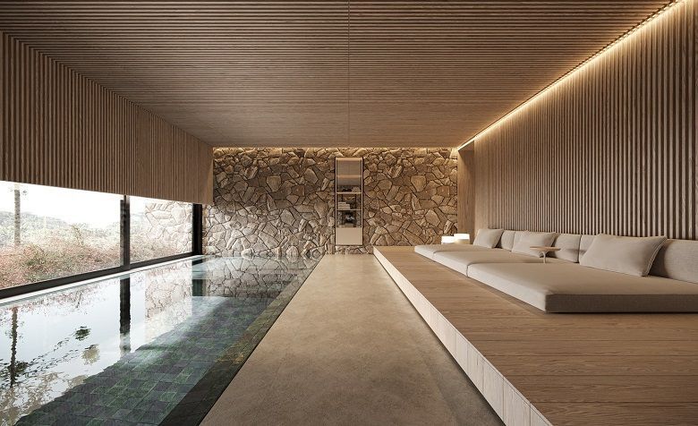 Há uma piscina no meio da sala.