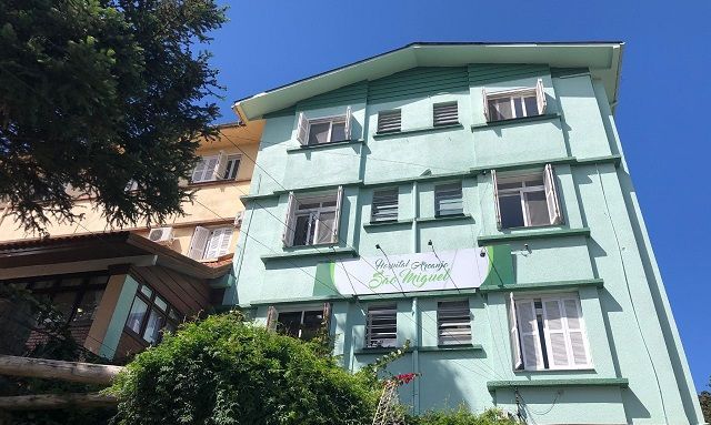 Um prédio verde com muitas janelas e uma árvore na frente.