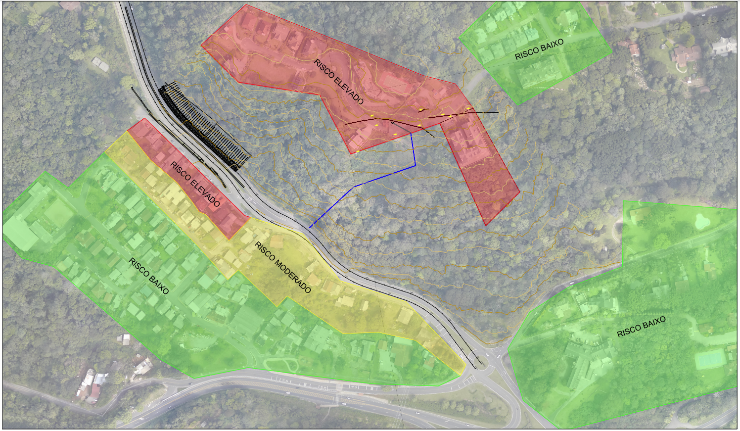 Um mapa de uma área residencial com áreas vermelhas, amarelas e verdes.