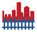Red city skyline above a blue and white picket fence.
