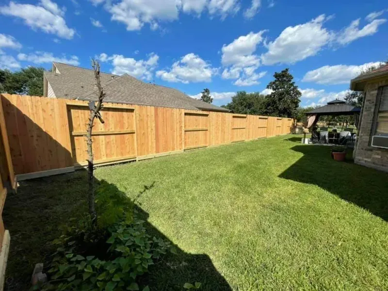 Wooden fence in a backyard with green grass, under a blue sky with fluffy clouds.