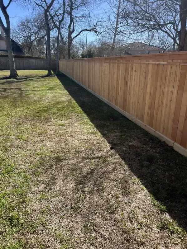 Wooden fence in a backyard casting a long shadow on dry grass.