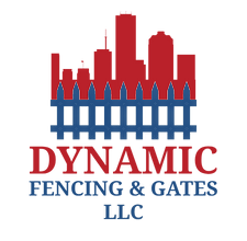Logo: Red skyline above a blue picket fence, "DYNAMIC FENCING & GATES LLC" in red and blue text.