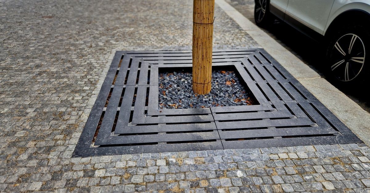 A brick sidewalk with trees planted in square plots every few feet. Each tree has mulch and a metal grate near the trunk.