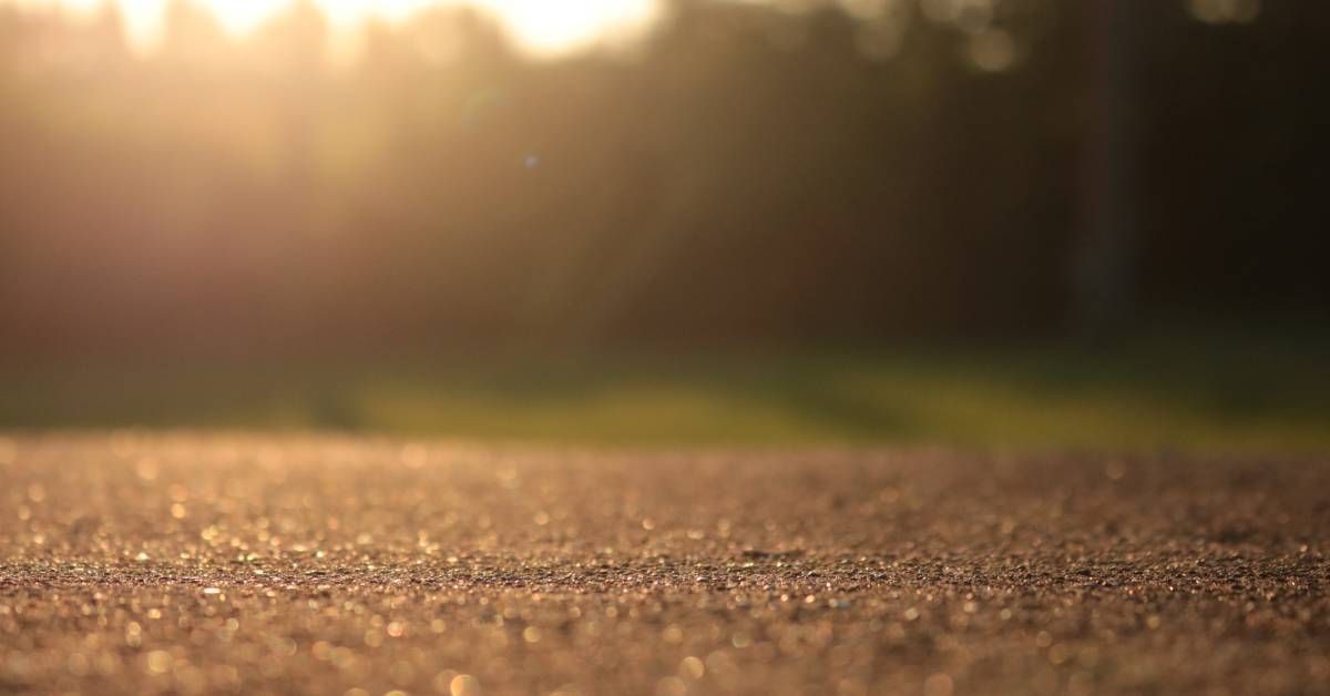 A close-up view of warm sunlight hitting the gravel that makes up the sidewalk. A forest is blurred in the background.