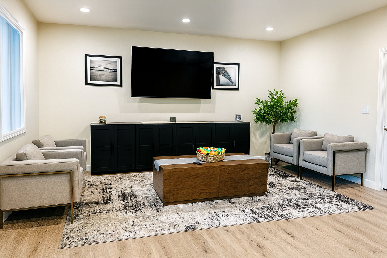 Photo of a clubhouse living room, with places to sit and a mounted tv