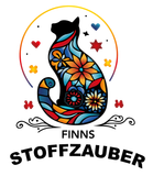 ein Logo für finns Stoffzauber mit einer Katze und Blumen darauf