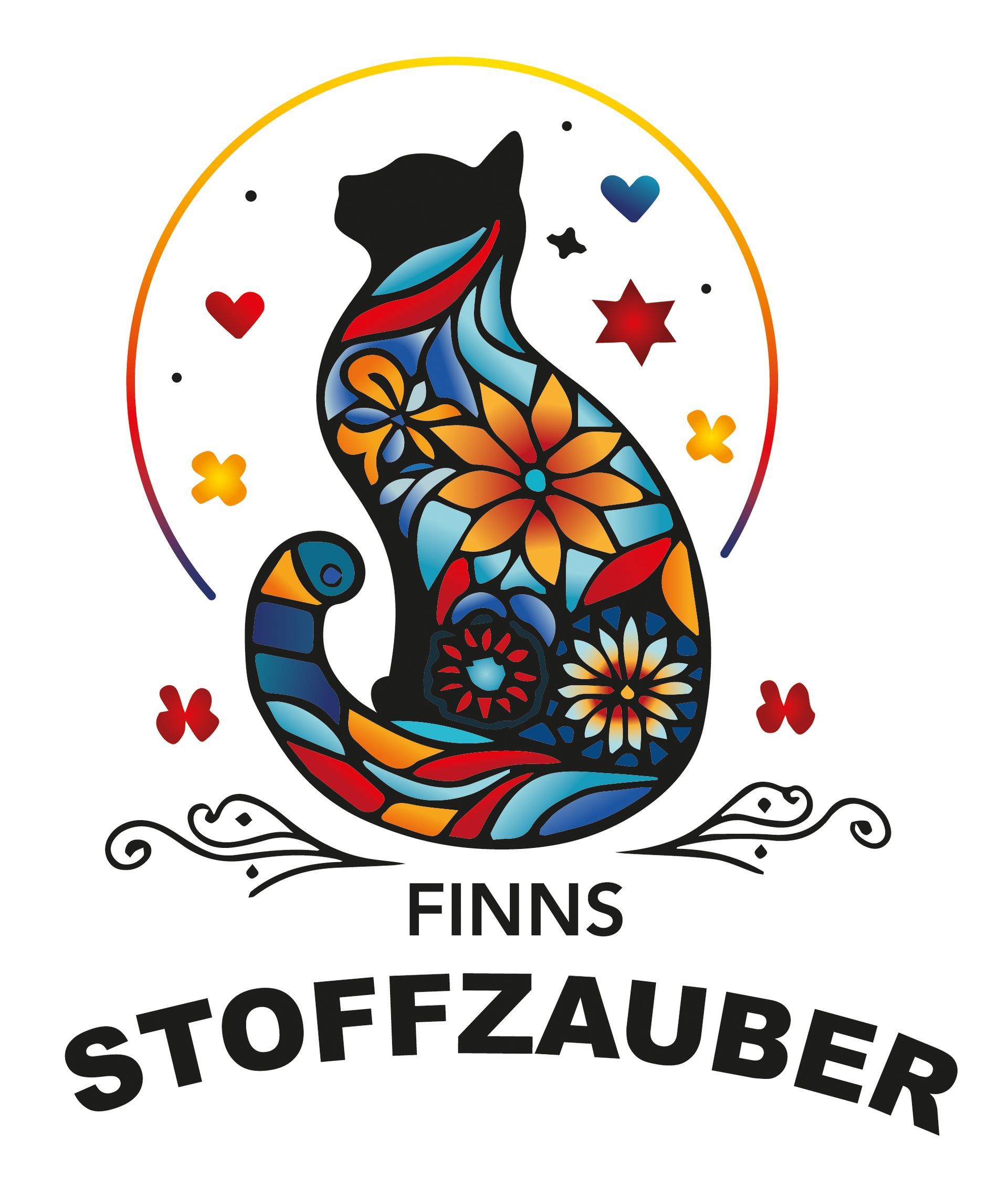 ein Logo für finns Stoffzauber mit einer Katze und Blumen darauf