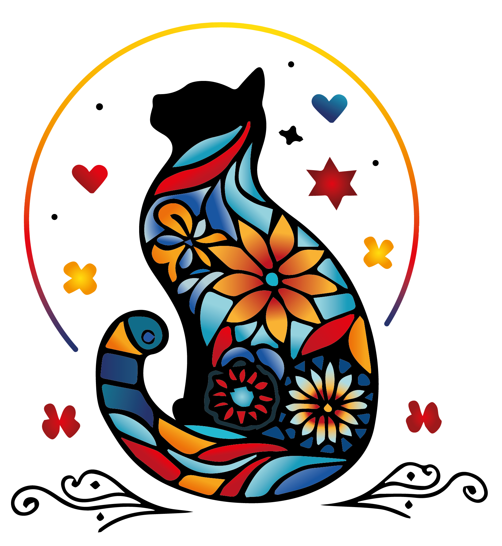 eine bunte Katze , die in einem Kreis mit Blumen und Herzen sitzt