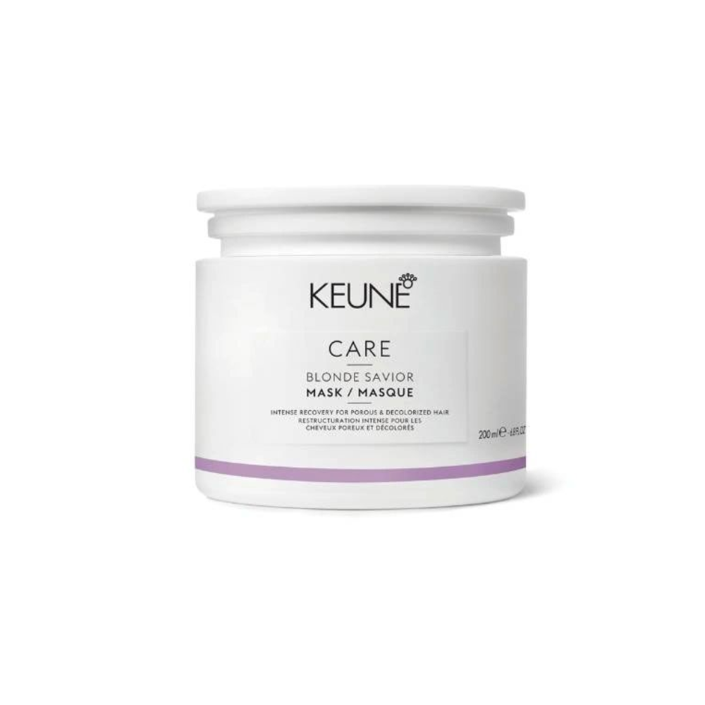 White jar of Keune Care Blonde Savior hair mask with a lavender stripe. — Sophisticut Hair Salon in Mysterton, QLD