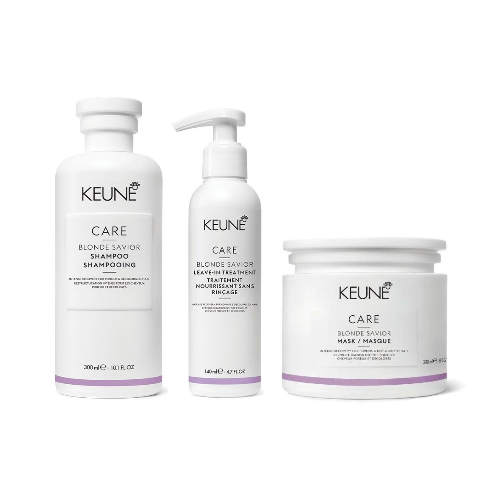 Three Keune Care hair products on a white background: shampoo, leave-in treatment, and hair mask.— Sophisticut Hair Salon in Mysterton, QLD