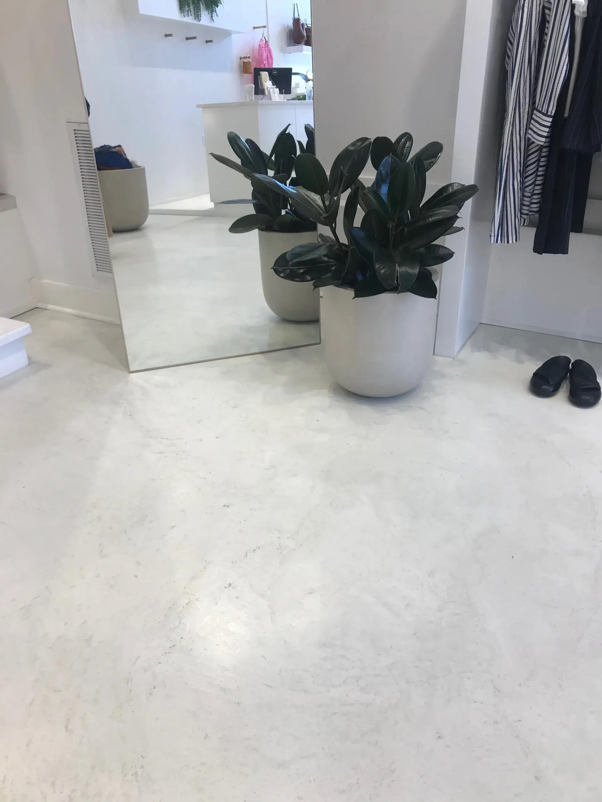 Two potted plants are sitting on a white floor in front of a mirror.