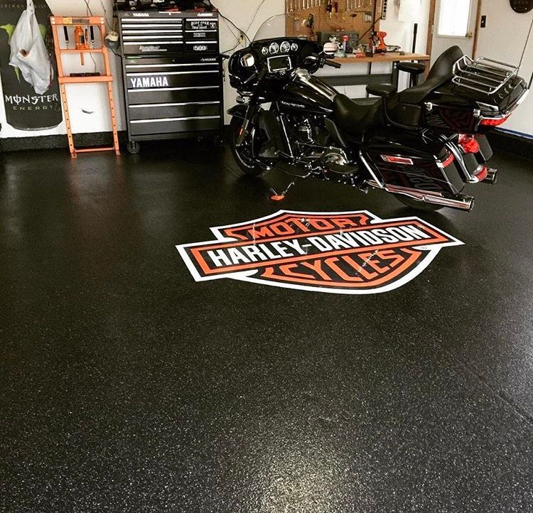 A harley davidson motorcycle is parked in a garage
