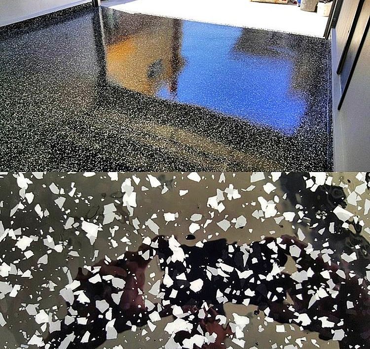 A before and after photo of a black and white Epoxy floor