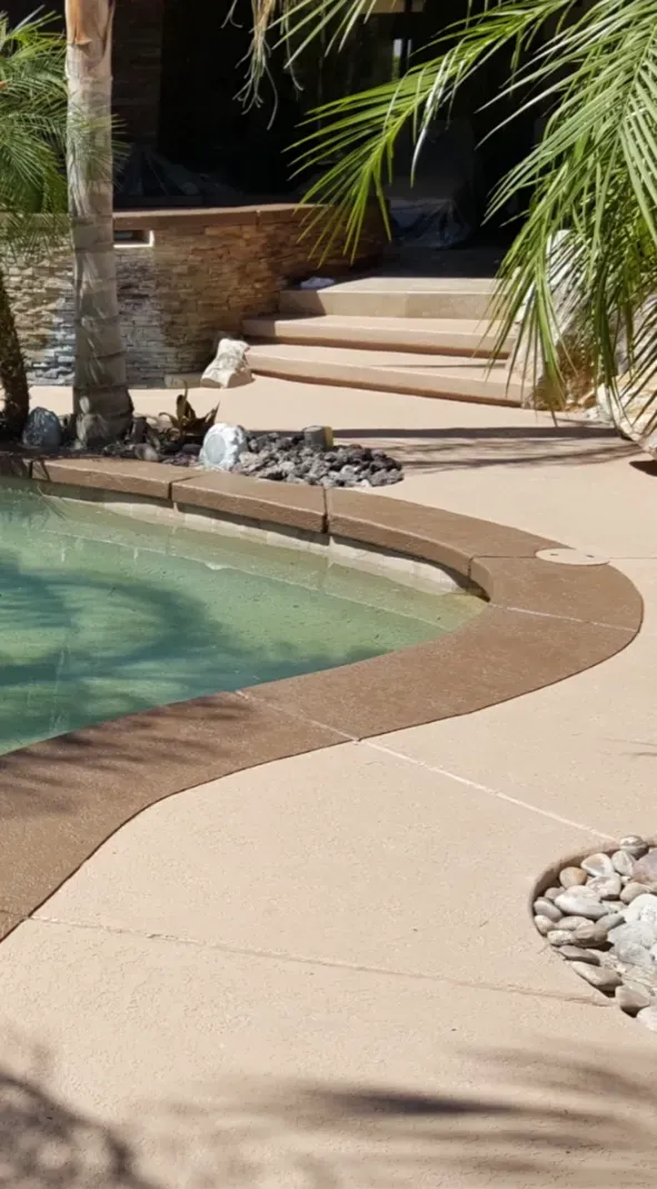 A swimming pool surrounded by palm trees and a concrete walkway.