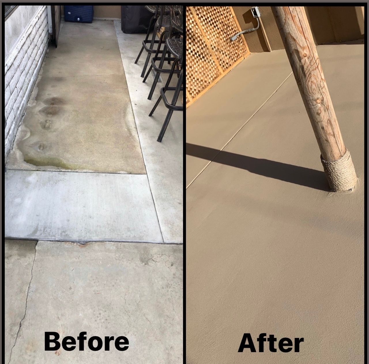 A before and after photo of a concrete patio
