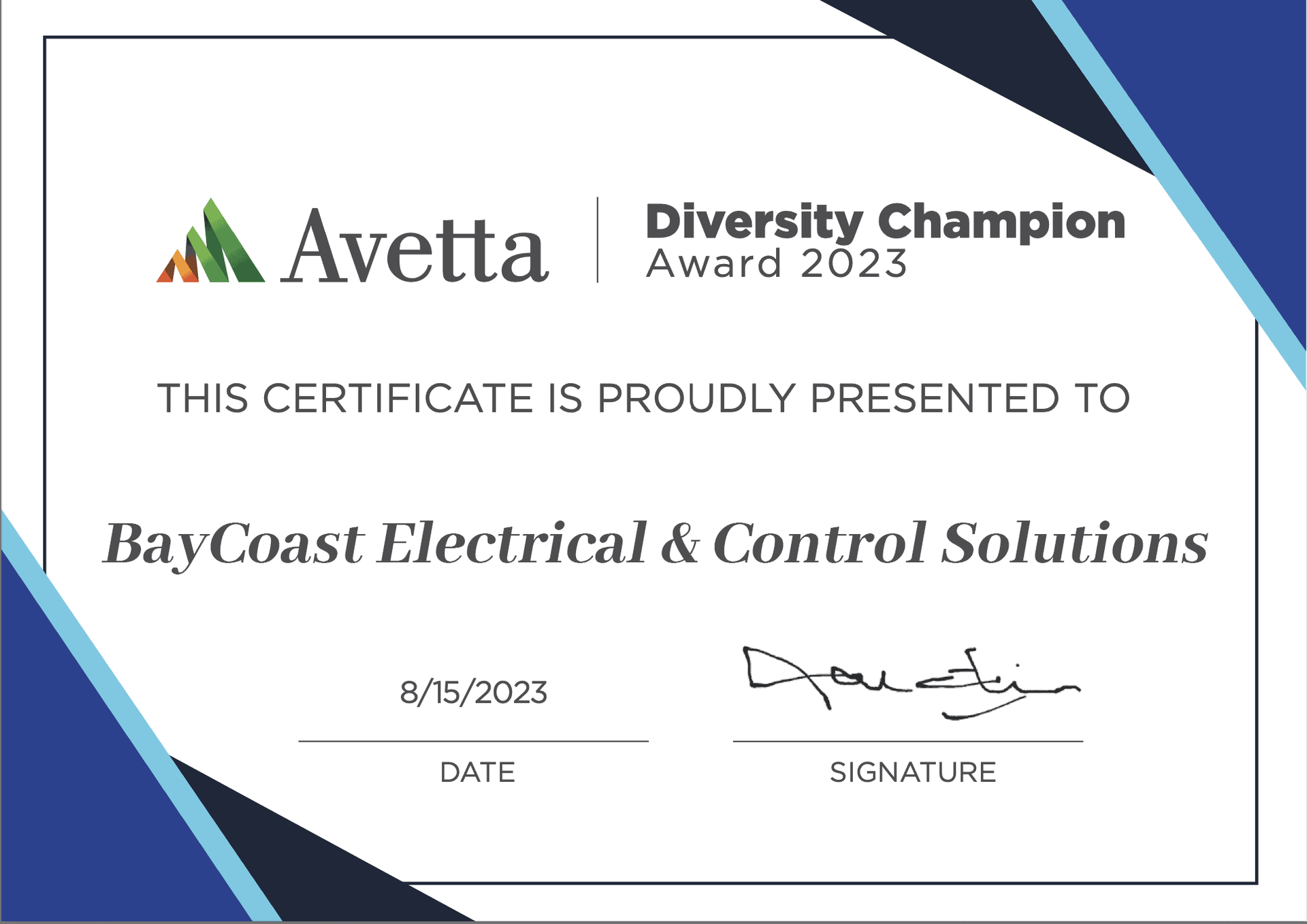 This Certificate Is Proudly Presented To Bay Coast Electrical & Control Solutions — BayCoast Electrical & Control Solutions in Maloneys Beach, NSW