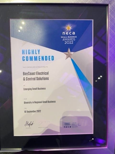 A Certificate that Says Highly Commended on It — Bay Coast Electrical & Control Solutions in Maloneys Beach, NSW