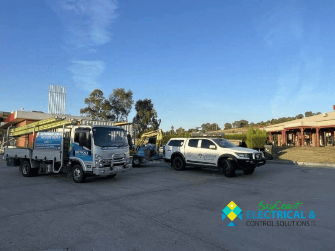 Three Trucks Are Parked in A Parking Lot in Front of A Building — Bay Coast Electrical & Control Solutions in Maloneys Beach, NSW