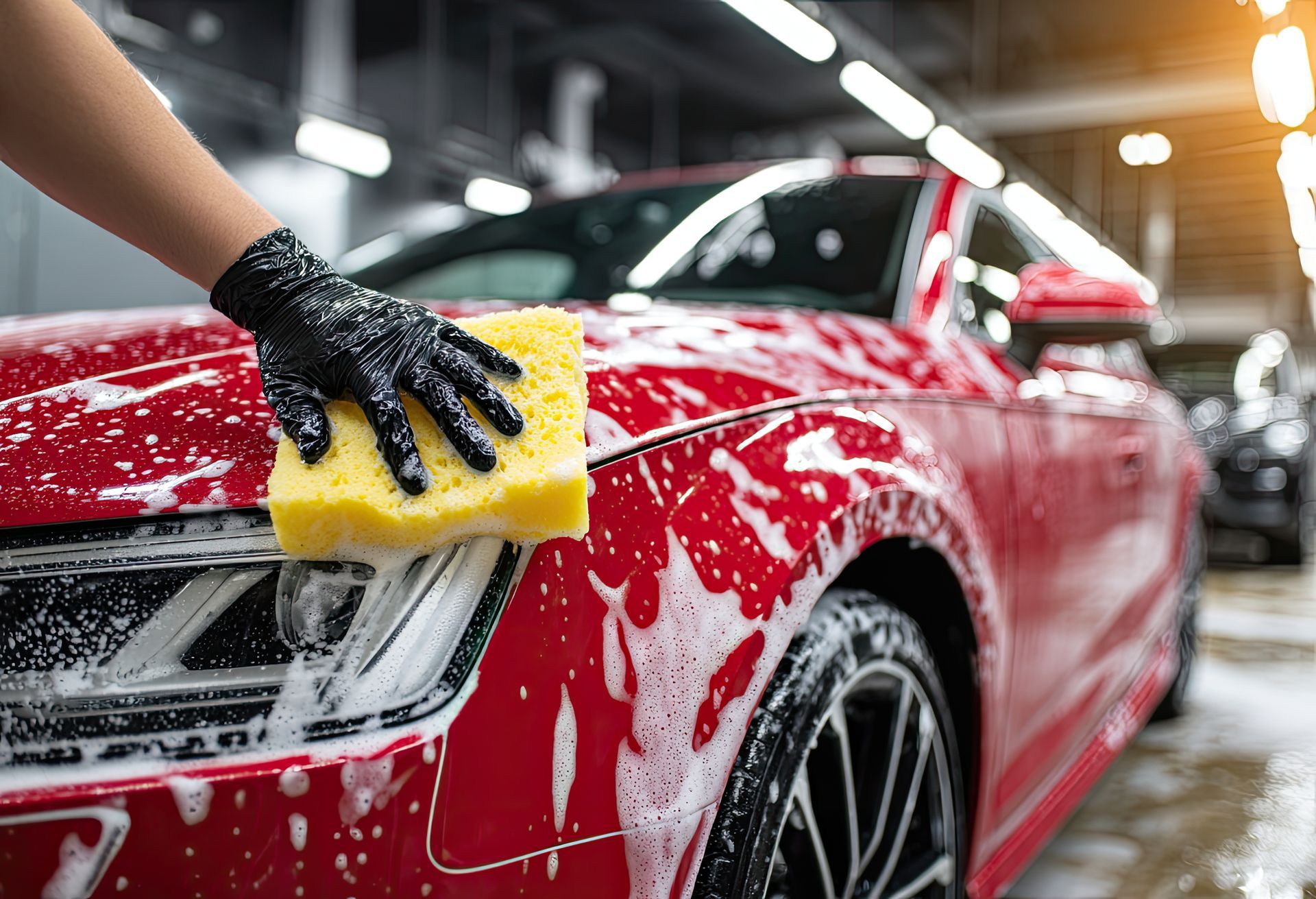 Person in black glove washing a red car with a yellow sponge and soapy water.