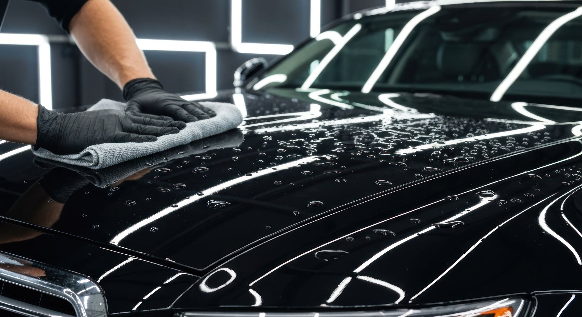 Person wearing black gloves wiping down a black car's hood with a microfiber cloth.