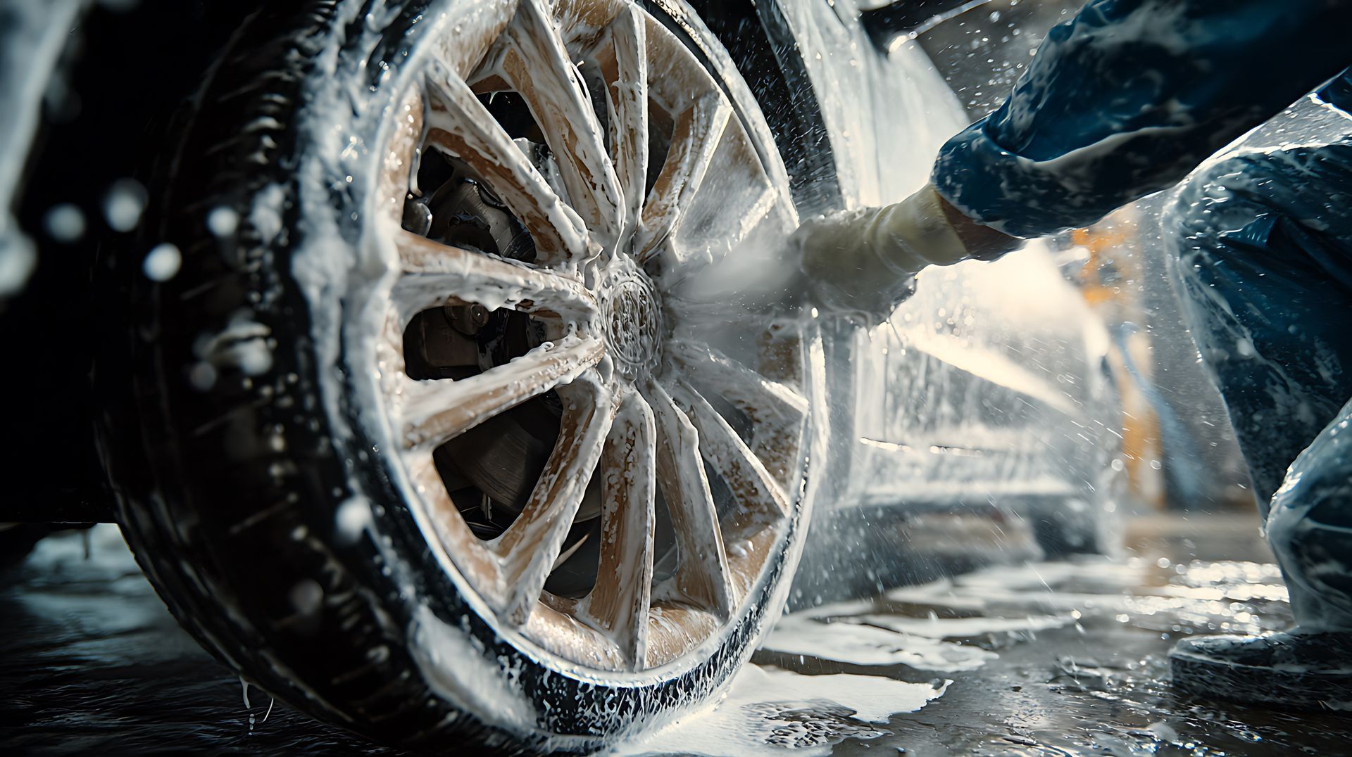 Car detailer washing a dirty, light-colored alloy wheel with soap and water, kneeling on a wet surface.