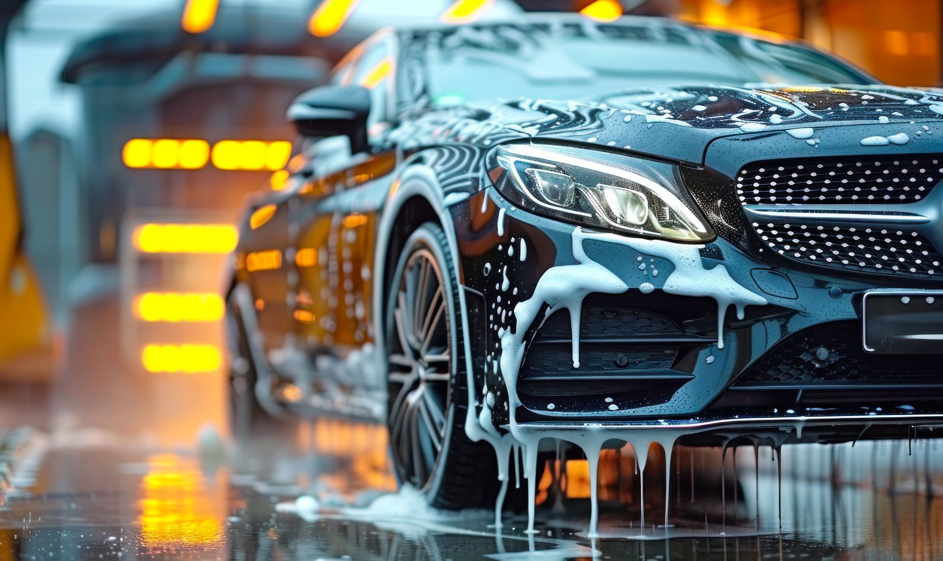 Black car being washed at a car wash, covered in soapy suds and water, with orange lighting.
