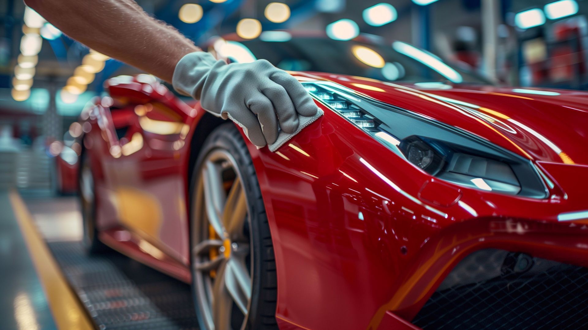 Gloved hand wiping a red sports car's painted surface in a factory setting.