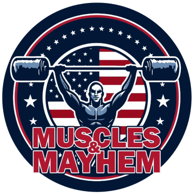a logo for live tour muscles & mayhem featuring former american gladiators