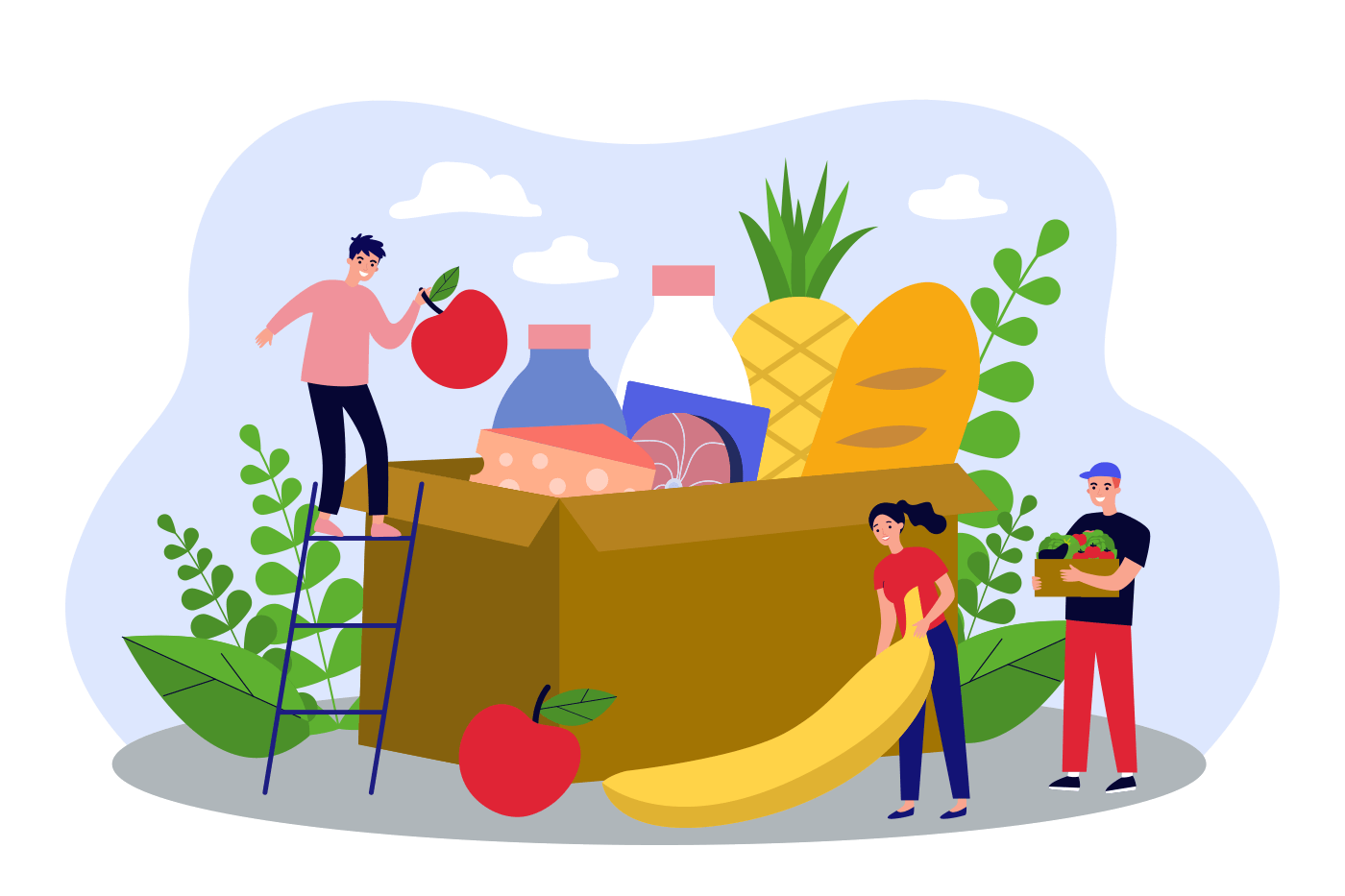 Eine Gruppe von Menschen steht um eine Kiste voller Obst und Gemüse herum.