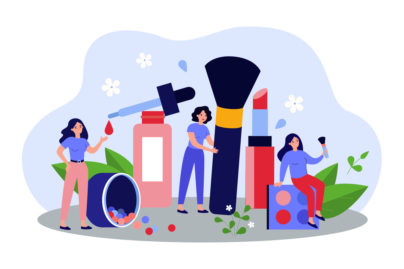 Eine Gruppe von Frauen steht um eine Reihe von Kosmetikartikeln herum.